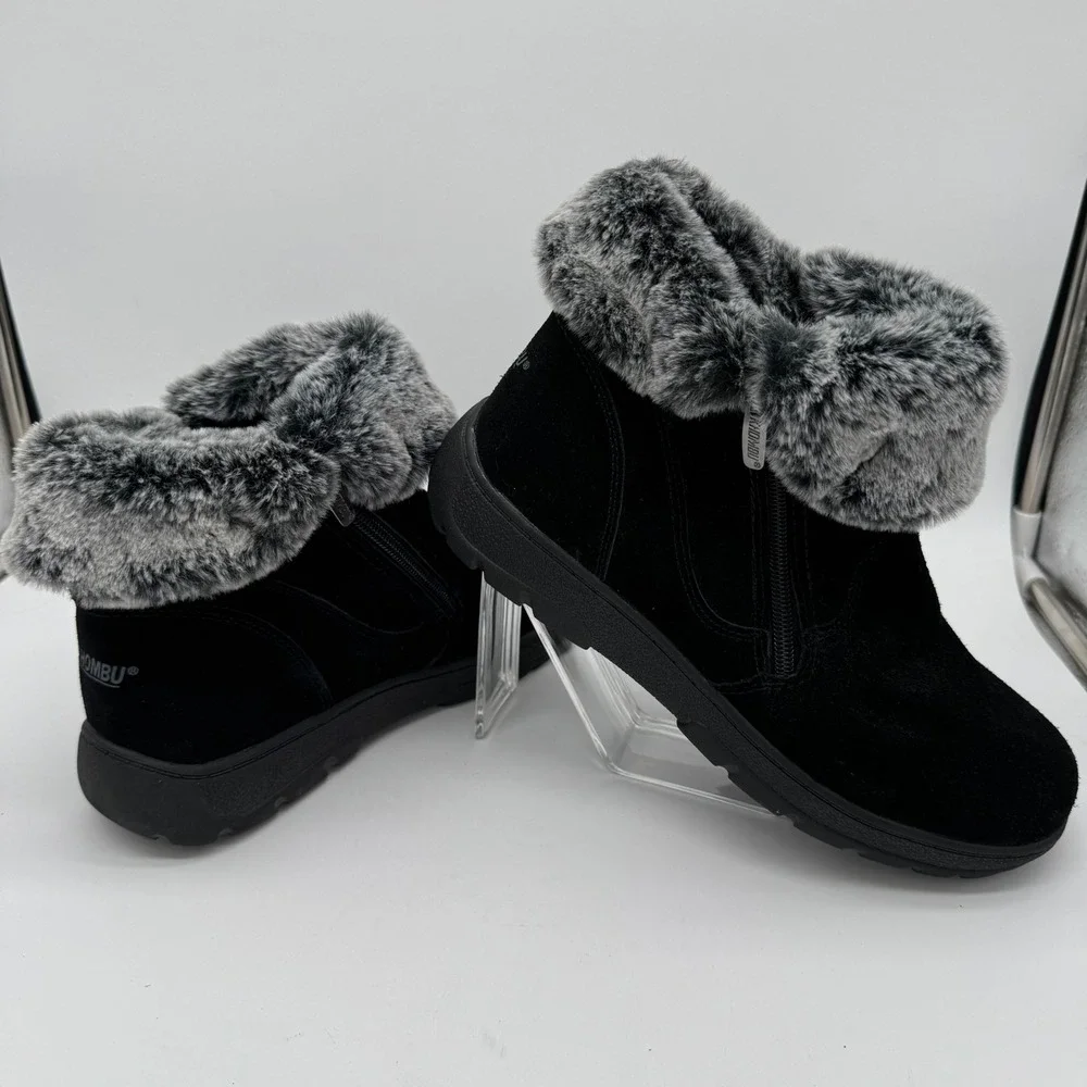 Khombu Jessica Black Suede Leather Faux Fur Lined Winter Ankle Snow Boots 9M